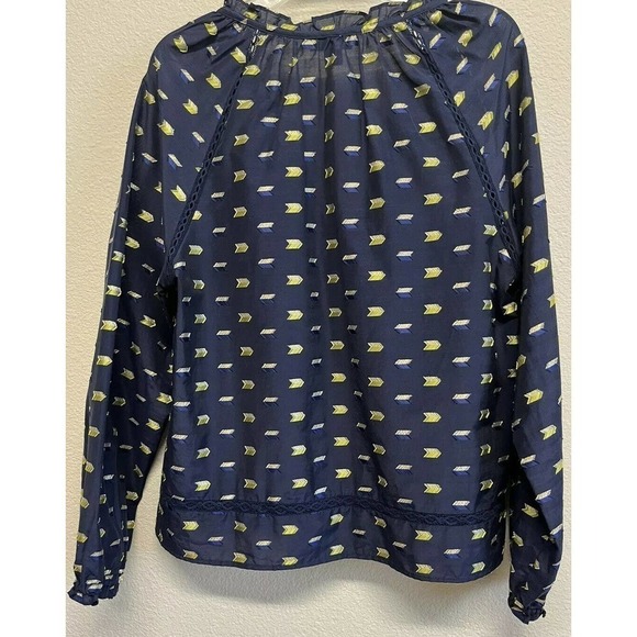 J. Crew Point Sur Poplin Blouse Arrow Gold metallic Print Navy Size M - Picture 6 of 7